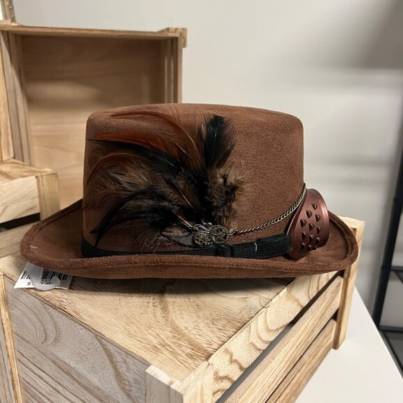 NWT Steampunk Top Hat Brown Suede With Goggles & Feathers Halloween Costume - Picture 4 of 8